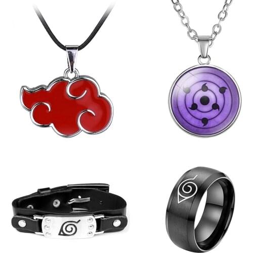 Anime Kakashi Akatsuki Bracelet Cosplay Toys Props Itachi Akatsuki Red Cloud Necklace Ring Set for Fans