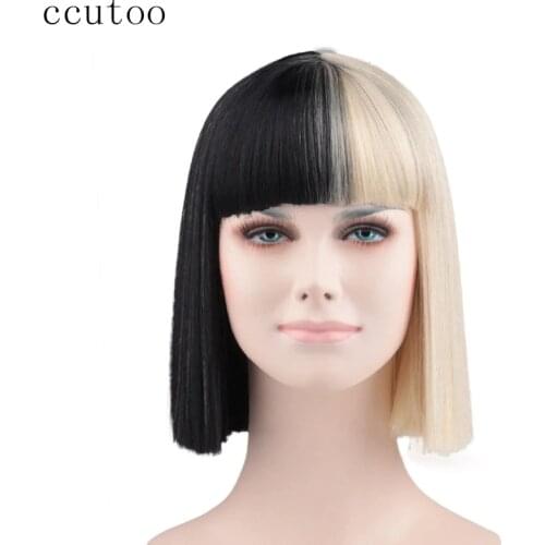Ccutoo Sia Bangs Trim to eyes Half Black and Blonde Medium Synthetic Hair Cosplay Wig Halloween Party Wigs Heat Resistance Fiber