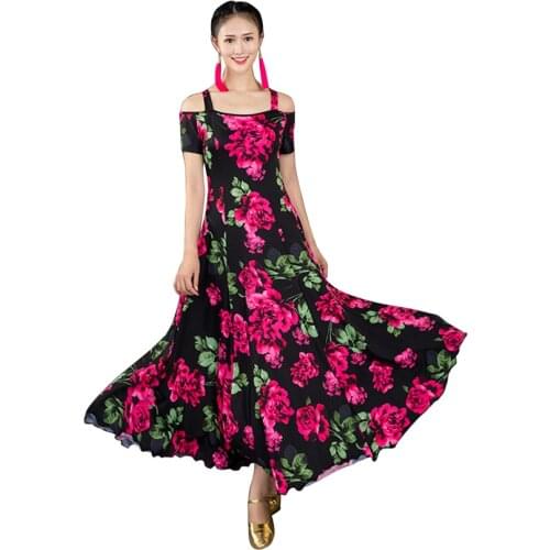 Floral Short-sleeved Ballroom Dance Dress Waltz Flamenco Dress For Women