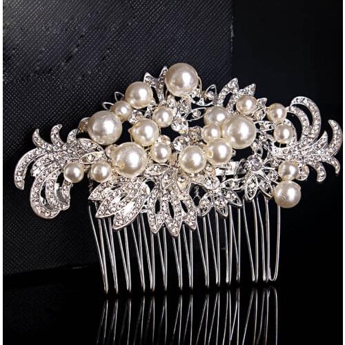 Floralbride Art Deco Alloy Clear Rhinestones Crystals Pearls Flower Wedding Hair Comb Bridal Hair Accessories Women Jewelry