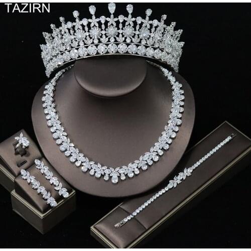 Zircon Dubai Jewelry Sets Tiara Crown CZ Necklace Bracelet Earrings Rings for Women Wedding Party Dress Accessories 2021 Newest