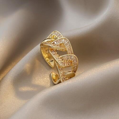 Korean hot selling fashion jewelry luxury shiny copper inlaid zircon geometric ring elegant womens opening adjustable ring