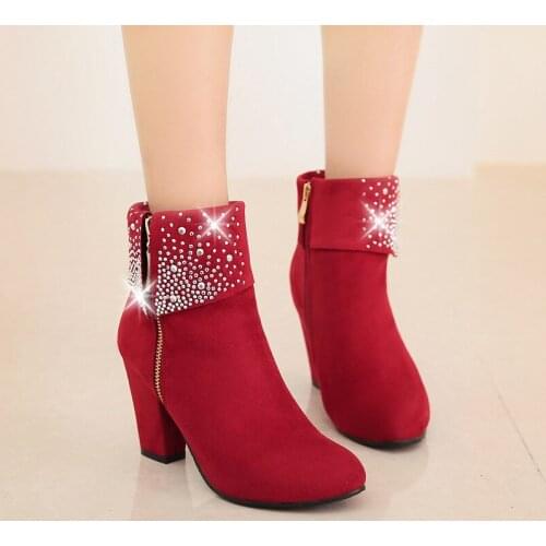 Red Crystal Boots Women Ankle Boots For Women Hiah Heel Winter Shoes Women Zipper Boots Size 43 Botas Mujer 2020