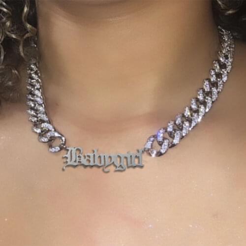 Statement 12mm Rhinestone Miami Cuban Chain Choker Babygirl Letters Charms For Women Hip Hop Punk Choker Necklaces Jewelry Gifts