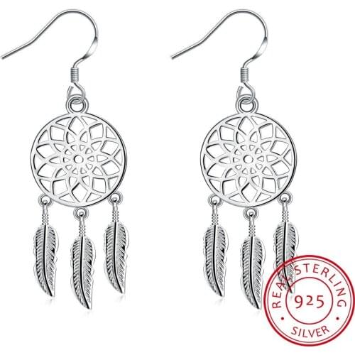 LEKANI 925 Sterling Silver Neckband Feather Dream Catcher Drop Earrings For Women Rhinestones Earings Sterling-silver-jewelry