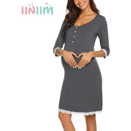 Iiniim Pregnant Women Summer One-Piece Dress Middle Sleeve Lace Cuffs Hem Knee-length Sleepwear for Nursing Breastfeeding