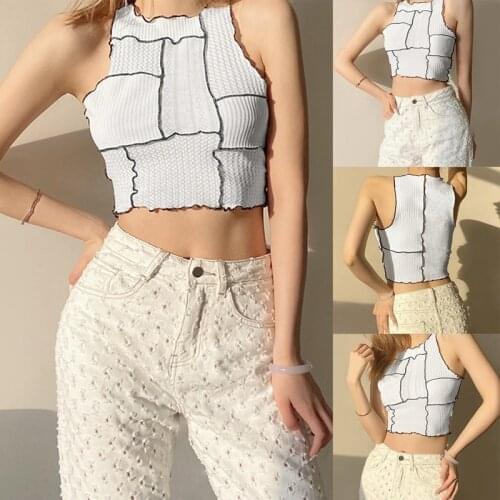 Hot kf-Solid Color Stitching Ruffled Lace Womens Vest Casual Sleeveless Navel Street Party Club Summer Womens Vest
