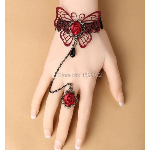 Fashion Retro Red Hollow Butterfly Black Lace Bracelet for Women Fairy Maiden Cosplay Party Ancient Bangles Photo Shoot Props