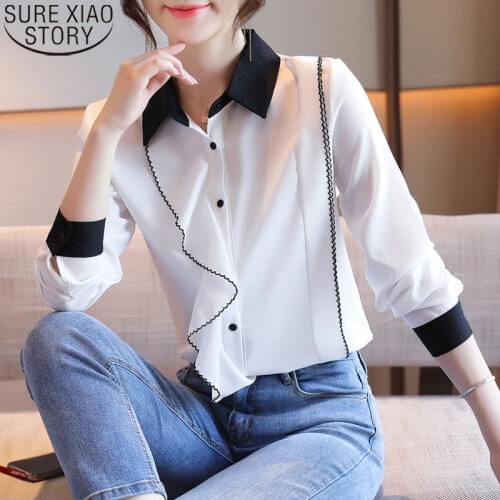Solid Ruffles Autumn White Chiffon Shirts Women Tops Fashion Long Sleeve Shirt Cardigan 2021 POLO Collar Blouse Blusas 10961