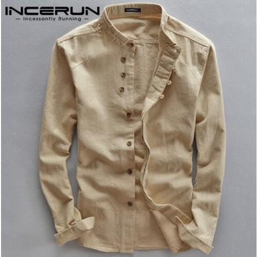 New Spring Men Shirts Stand Collar Solid Long Sleeve Streetwear Fashion Business Brand Shirts Cotton Camisas Hombre INCERUN