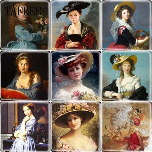 TAFREE 5pcs Elegant French British Lady Painting Charm DIY 25mm Square Glass Cabochon Jewelry Findings For Keychain Necklace