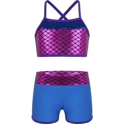 Sequins Kid Girls Dancewear Tankini Outfit Mermaid Costumes Scales Printed Tank Top with Bottom Set for Ballet Dame Performance