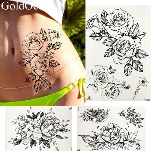 Summer Style Flower Sketch Tattoos Temporary Black Fake Leaf Body Arm Waist Art Tattoos Stickers Morning Glory Tatoos Supplies