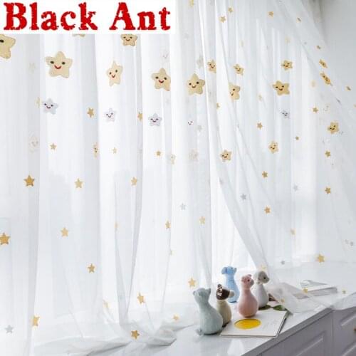 Cartoon Lovely Smiley Stars Embroidered Tulle For Kids Baby Girls Bedroom Balcony Sheer Voile Fabric Window Screen Panel JD843E