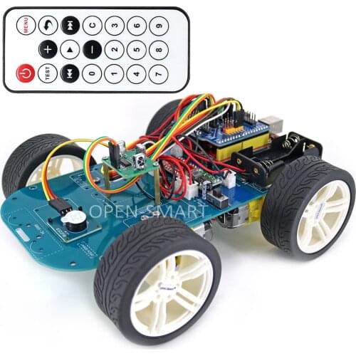 4WD Smart Robot Car Kit Wireless IR Remote Control with Buzzer Module Rubber Wheel Gear Motor / Tutorial Compatible for Arduino