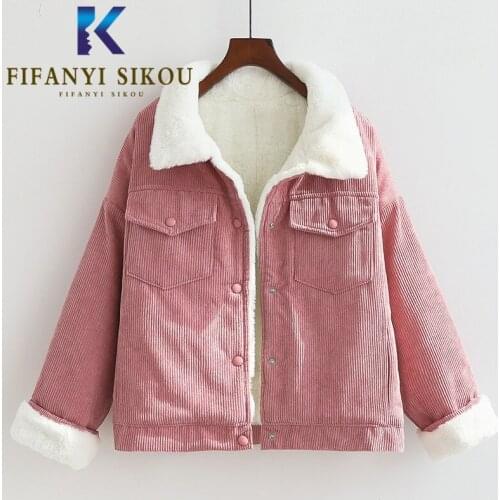 Corduroy Jacket Women High Quality Winter Thick Warm Lambswool Jackets Loose Short Cotton Coat Female Pocket Lapel Outerwear