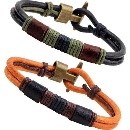 Kirykle Vintage alloy hook charm bracelet Handmade Genuine Leather Bracelets Brand Fashion Punk Cuff Bracelets for Women Men
