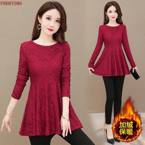 Plus Size Clothes Elegant Blusas Women Blouse Warm Velvet Office Lady Belly Button Vintage Lace Retro Tunic Peplum Long Tops