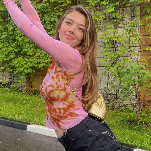 Y2k Print Skinny Pink Long Sleeve T-shirts for Women Vintage Fashion 2000s Aesthetic Crop Top Tee Shirt Femme T shirt