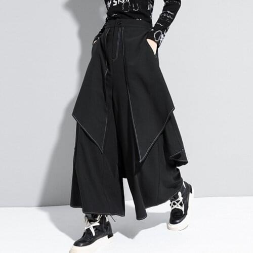Johnature New Fashion Streetwear Loose Patchwork Fake Two Pieces Pants 2021 Winter Solid Color Women Wide Leg Pants