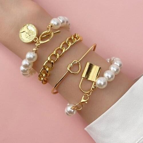 Bohemian Gold Beads Pearl Bracelets For Women Fashion Multilayer Beaded Chain Bracelets Set Charm Bracelet Bangles Jewelry Punk