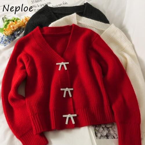 Neploe Diamond Bowknot Decoration Long-sleeve Sweater Female V-neck Singel Breasted Cardigan Women All-match Autumn Knit Coat