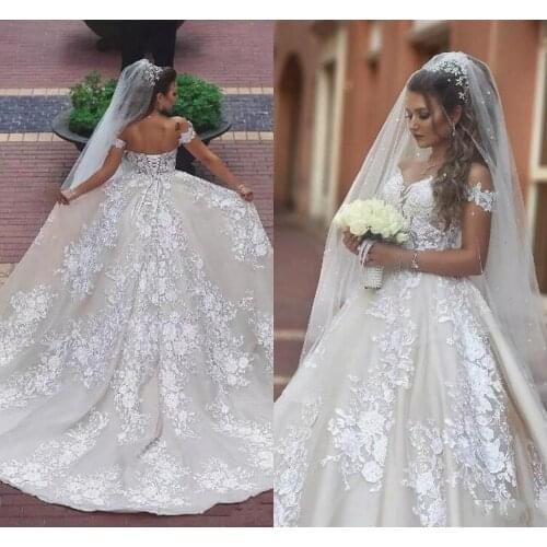 2020 New Off Shoulders Ball Gown Wedding Dresses Lace Appliques Ruched Corset Back Long Bridal Gowns Vestido de novia