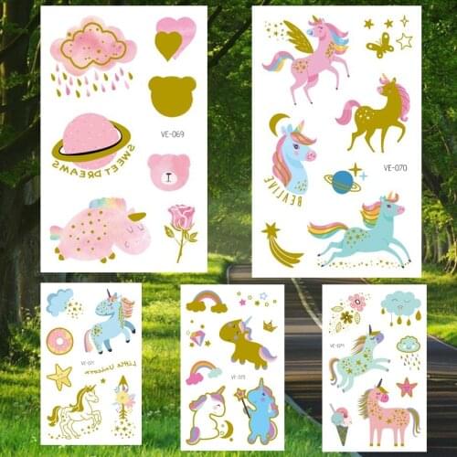 Gold Temporary Tattoo Sticker Bronzing Unicorn Horse Fake Tattoo Stickers for Kids Water Transfer Flash Tatoo Waterproof Tatto