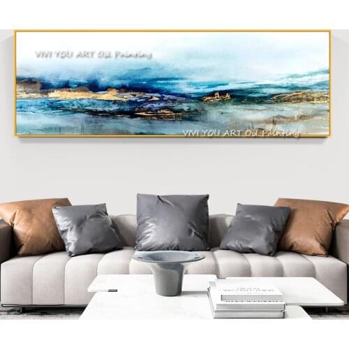 100% Handmade Nordic Blue Ocean Gold Abstract Large Oil Painting landscape Wall Picture For Living Room Canvas Modern Art Gift