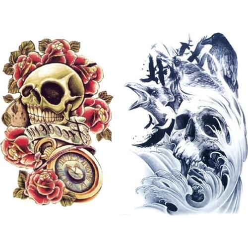 2 pcs/set Waterproof Temporary Pink Sexy Dangerous Sexy Skull +ea Wave and Skull Tattoo Stickers