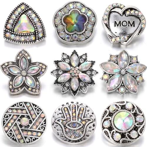 6pcs/lot New Snap Jewelry 18mm Metal Rhinestone Snap Button Jewelry Flower Colorful Buttons Fit 18mm Snap Necklace Women DIY
