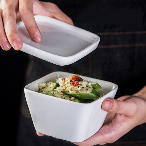 White Ceramic Bowl With Lid Square Cute Salad Bowls Small Fruit Dessert Ice Cream Soy Sauce Dish Creative Plates With Cover