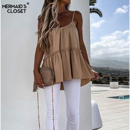 Summer Spaghetti Strap Ruffles Blouses Women 2021 New Casual Loose Sleeveless Blouse Ladies Chic White Black Office Tops