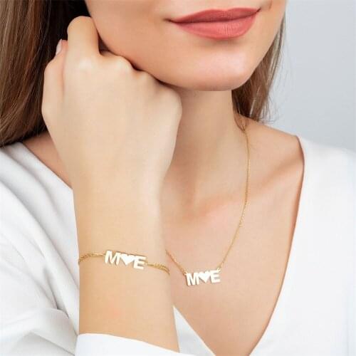 Tangula Personalized Customize Name Bracelet Necklace Stainless Steel Initials Heart Pendant Couples Set Jewelry Best Gift