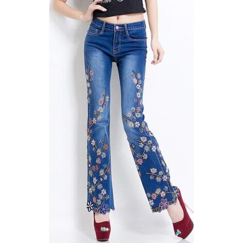 FERZIGE Brand Luxury Skinny Slim Fit Flare Pants Lady Beading Embroidery Flower Jeans Beautiful Women Clothing Trousers