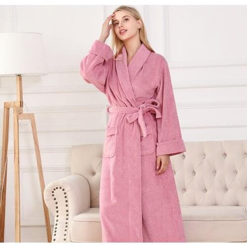 Winter Bathrobe Women 100% Cotton Extra Long Terry Robe Solid Robe Female Long Soft Casual Sleepwear Pajamas For Women Home Robe