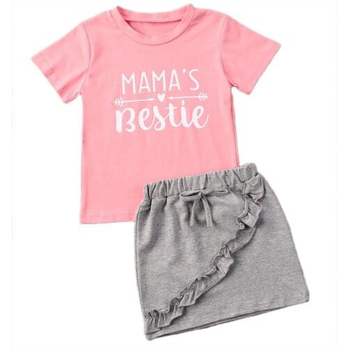 Citgeett Summer 1-6Y Toddler Baby Girls Clothes Sets Lovely Letter Print Pink Short Sleeve T Shirts Tops+Grey Mini Skirts
