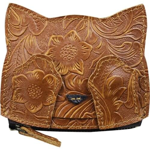 Cute Cat Design Real Leather Coin Purse Cowhide Zipper Mini Wallet Key Holder Money Bag Credit Card Slot Bags For Man Women