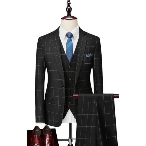 Jackets+Vest+Pants)2021 Male high-grade pure cotton business Blazers /Mens slim fit plaid casual three-piece suit Man clothing