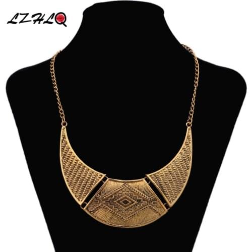 LZHLQ Fine Crescent Shape Necklace Metal Carved Vintage Necklaces Pendants Bohemian Women Jewelry Collier Femme