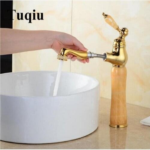 Vidric fashion jade and brass construction gold finished Water Crane bathroom basin faucet,sink tap mixer with pull out shower h
