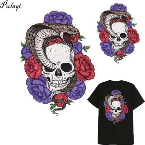 Pulaqi Punk Skull Patches Iron On Heat Transfer Vynil Thermal Flower Skull Sticker on Clothes Heat Transfers For Clothing Stripe