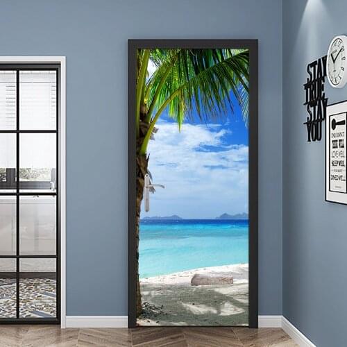 Beach Sea View DIY Door Sticker Home Decoration Wall Sticker Bedroom Kids Room 3D Art Mural Waterpoof Peel & Stick PVC Wallpaper