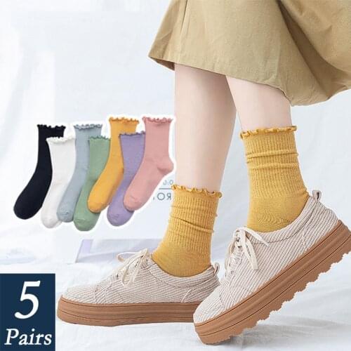 5 Pairs Women Happy Funny Socks Fashion Cute Sweets Princess Ruffle Woman Socks College Solid Color Short Socks Set Cute Sweets