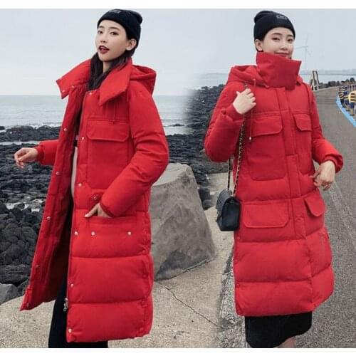 New Style Female Jackets Loose Winter Fashion Long Red Cotton Clothes Warm Big Pocket Thick Coats Womens Yellow Long Clothing