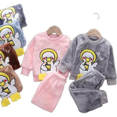 New Winter Children Cartoons embroidered Pajamas Boy Long Top and Pant Thicken Warm Flannel Sleepwear Girls Fleece Homewear
