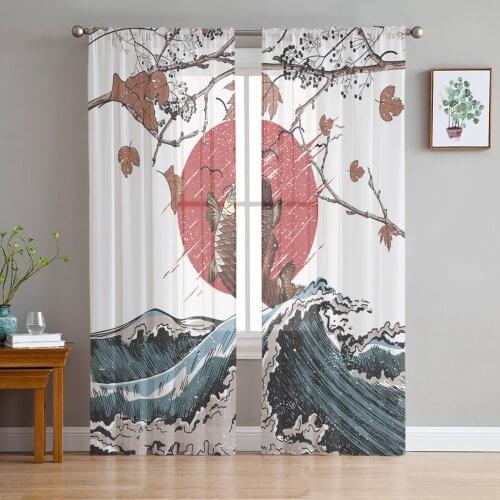 Japanese Style Sea Wave Carp Window Curtains Bedroom Modern Drape Sheer Tulle Valances Living Room Kitchen Voile Curtain