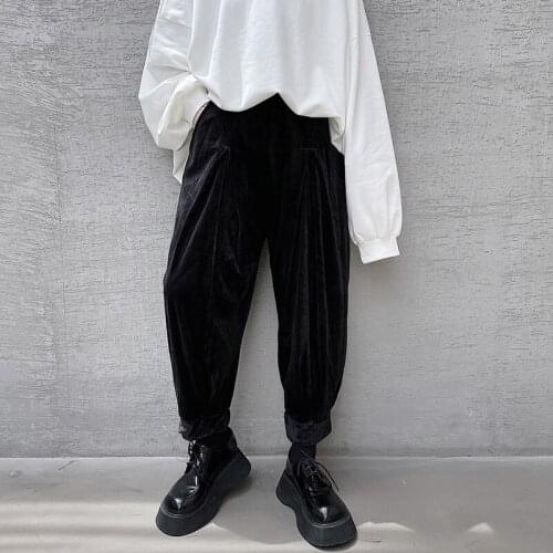 Autumn new dark mens loose velvet casual pants thickened wide leg pants hairstyle straight tube Capris trend