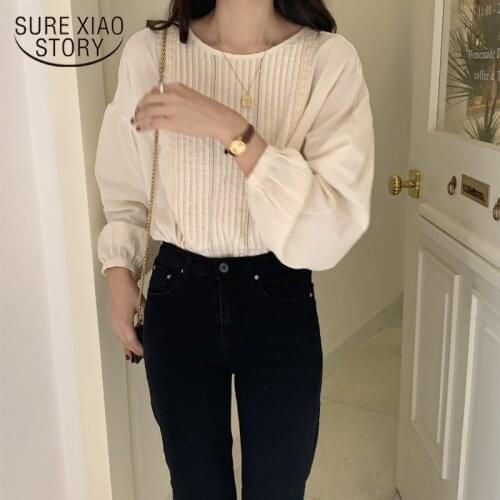 Autumn Apricot Pleated O-Neck Gentle Cotton Korean Shirts 2021 Large Size Office Lady Tops Elegant Full-Sleeved All Match 11457
