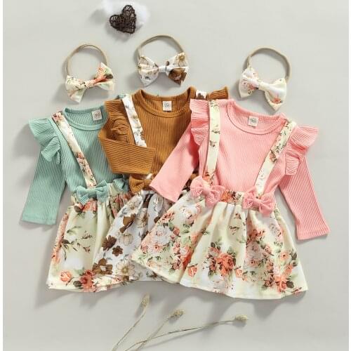 OPPERIAYA Toddler Baby Flying Sleeves Tops Suspender Skirt Bow Headband Flower Pattern Elastic Waist Spring Autumn Clothing